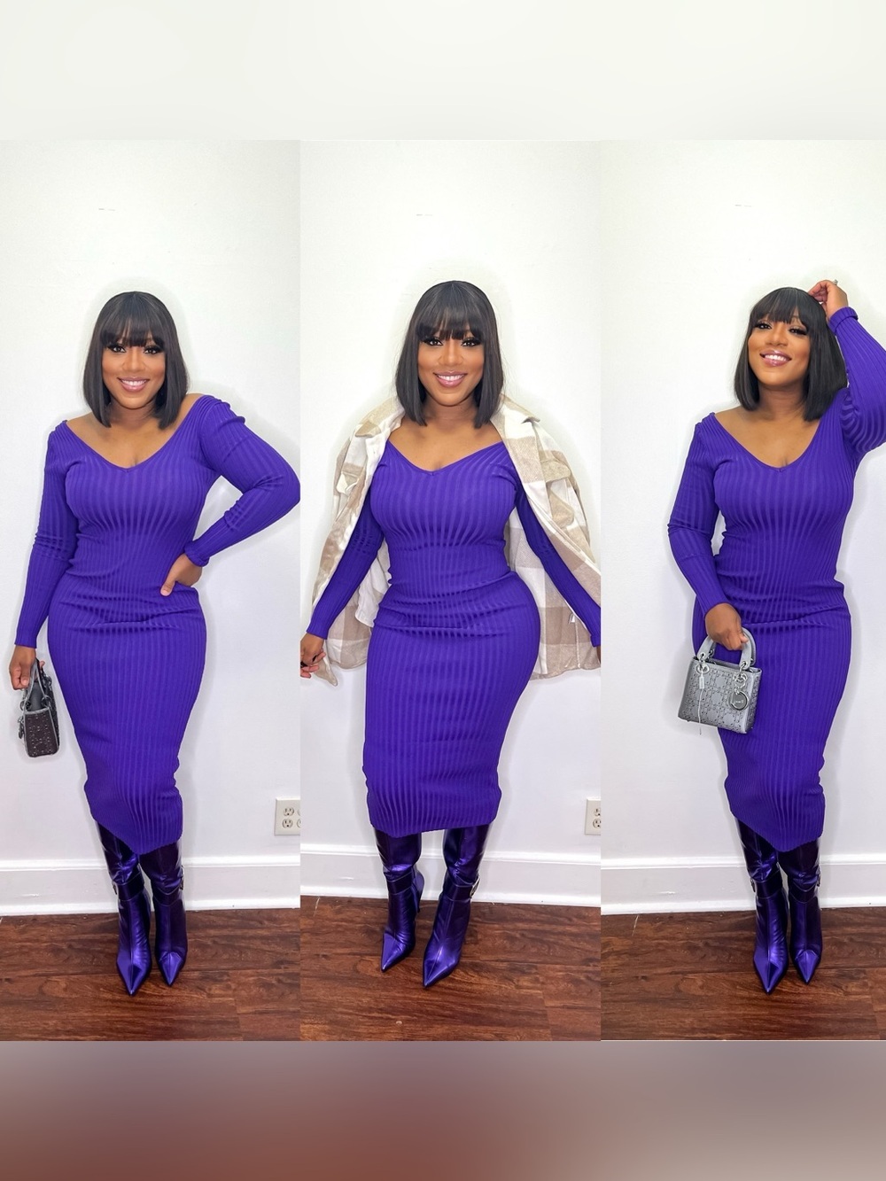 Purple Ribbed V-Neck Long Sleeve Bodycon Dress